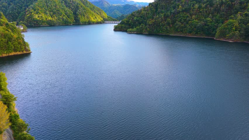Aerial View of Sapporo Dam in Fall, Beautiful Countryside of Hokkaido Japan