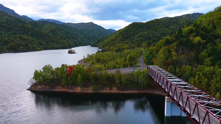 Mountain Reservoir in Hokkaido, Sapporo Dam Mountain Road in Fall, Japan