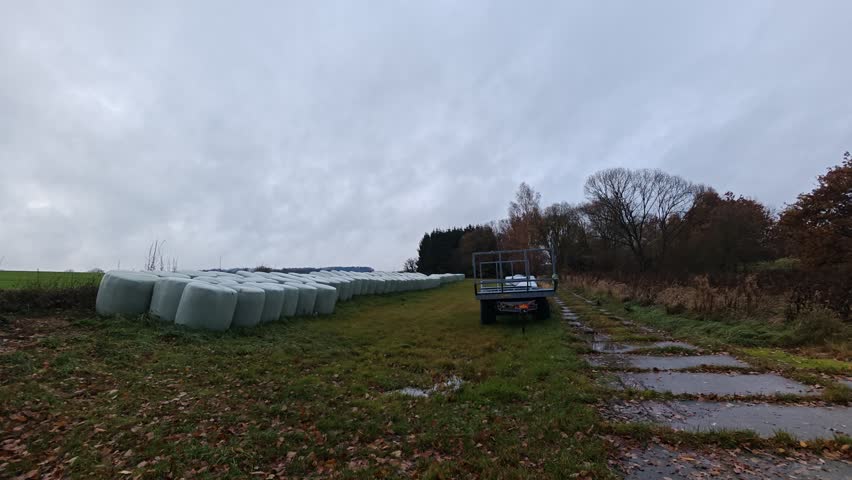 Baled hay Baled hay on a harvested field with a traileon a harvested field with a trailer truck ready for transport under cloudy, wet, and gloomy autumn skies. Rural farming scene in seasonal weather
