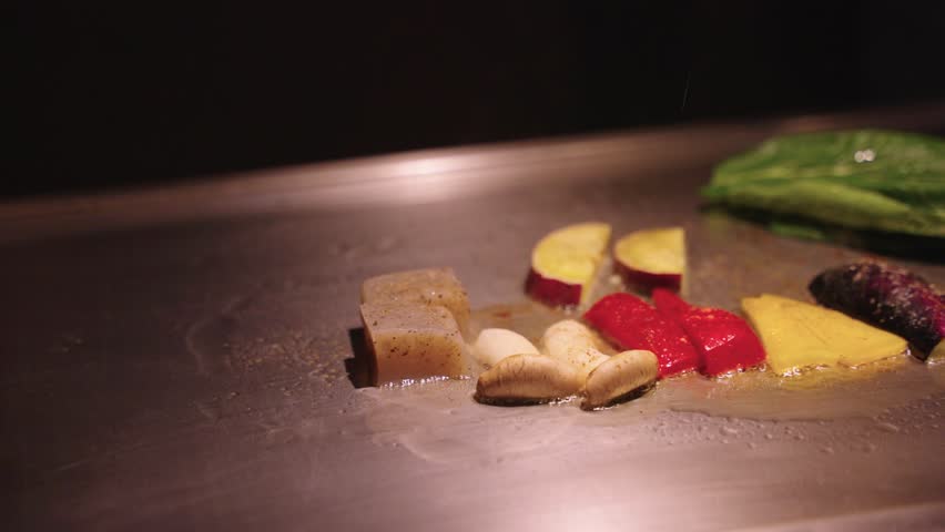 Japanese Vegetables, Grilling in Wagyu Fat, Absorbing Flavors of Kobe Beef