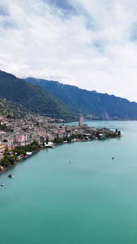 Montreux traditional resort town on Lake Geneva Switzerland, aerial drone