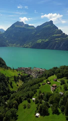 Lake Lucerne Vierwaldstättersee in central Switzerland aerial drone Swiss nature