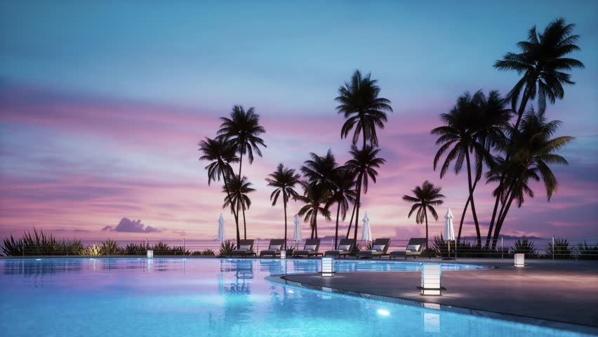 Hotel Pool at Sunset with Palm Trees – Tropical Resort Waterscape Animation