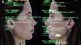 a female face mirrored with overlayed code and data - Powered by Shutterstock - Get 15% off with code: PIKWIZARD15