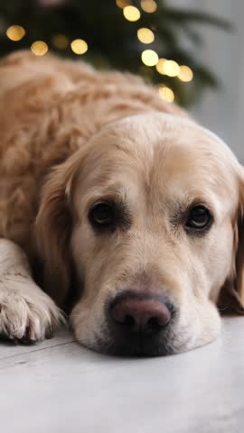 Adorable Golden Retriever Dog Lying On A Floor Looking Sad, Vertical Video
