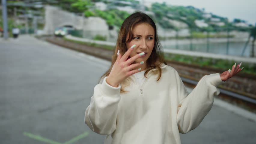 Woman expressing confusion on a promenade by the beach with blurred scenic background outdoors highlighting emotion and casual attire.