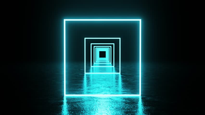 Luminescent turquoise neon outlining square tunnel receding into darkness, glowing reflection shimmering across sleek wet floor surface creating futuristic abstract visual experience - Powered by Shutterstock - Get 15% off with code: PIKWIZARD15