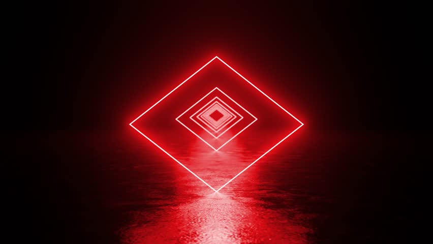 Glowing neon red squares forming immersive tunnel perspective, reflecting dynamically on wet surface with smooth, seamless transitional motion between geometric frames - Powered by Shutterstock - Get 15% off with code: PIKWIZARD15