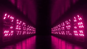 Metallic grid structure bathing dark corridor with pink neon lights, generating luminous reflections across wet flooring and creating immersive futuristic visual experience - Powered by Shutterstock - Get 15% off with code: PIKWIZARD15