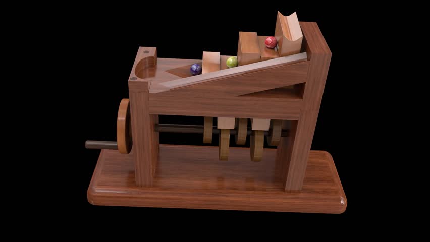 Wooden Marble Run Machine with warm lighting and plain empty background. Vintage wooden Rolling Ball Sculpture.