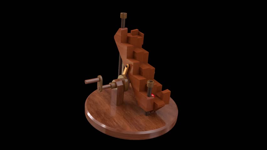 Wooden Marble Run Machine with warm lighting and plain empty background. Vintage wooden Rolling Ball Sculpture.