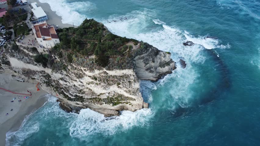 Santuario di Santa Maria dell'Isola and Grotta del Palombaro, Tropea - aerial drone view
