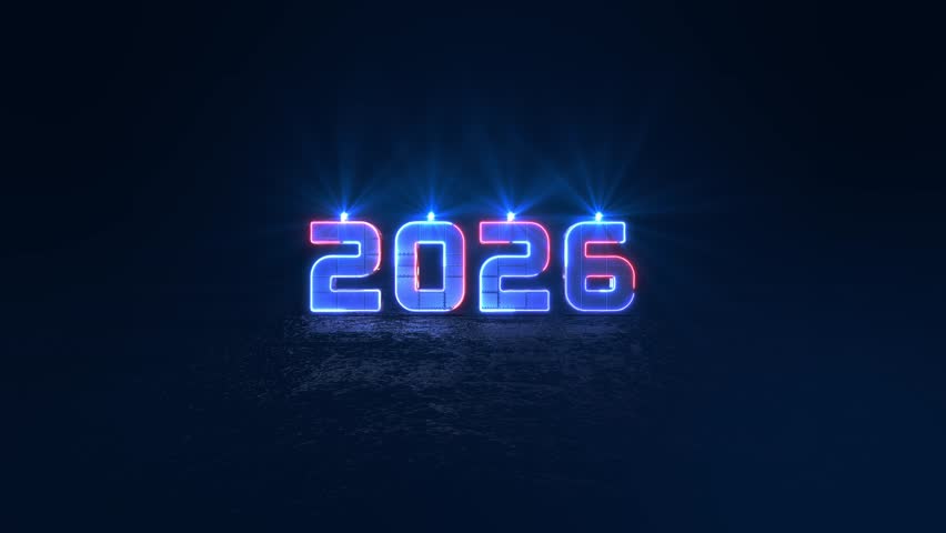 Ai Happy New Year 2026 cyber Digital AI technology business holidays background. 3D podium star happy holiday high tech style . Neon futuristic digital new year card holiday, new year party or event