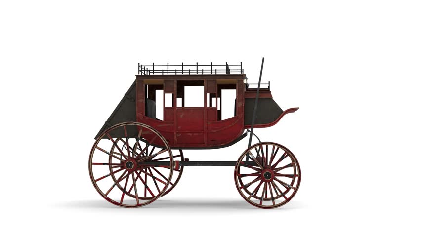 old worn stagecoach on white background. 3d and computer rendering animation video with 4k resolution.