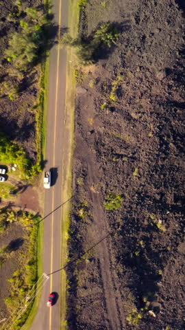 A lone road winds between fields of hardened volcanic rock and green tropical vegetation, capturing the unique coexistence of natural power and human passage across Hawaii’s wild landscape.