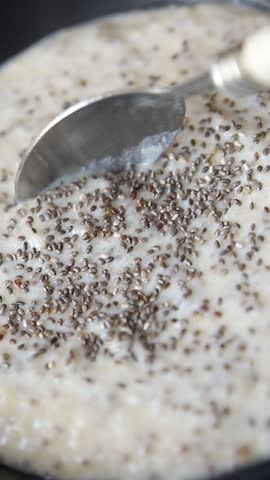 Chia pudding fruit puree tasty snack fresh gourmet food background on the table rustic food top view copy space keto and paleo diet vegan and vegetarian food