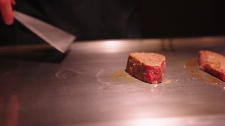 Teppan Kobe Beef Authentic Wagyu Restaurant in Japan, Searing Meat on Grill
