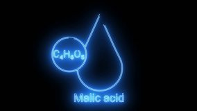 Neon blue rendering of Malic acid chemical formula C4H6O5 and a raindroplike shape against a black backdrop - Powered by Shutterstock - Get 15% off with code: PIKWIZARD15
