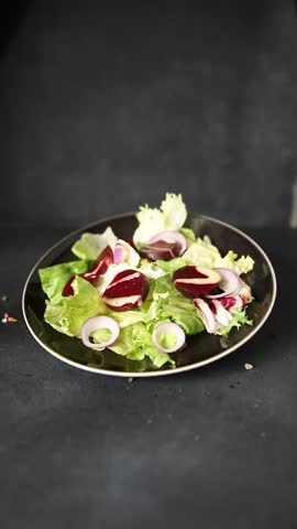 Beet salad green leaf lettuce vegetables natural tasty snack fresh gourmet food background on the table rustic top view copy space keto and paleo diet vegan and vegan food