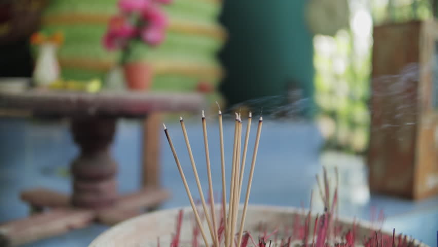 4K Video of Incense Sticks Burning in a Traditional Incense Pot, Meditation and Spiritual Atmosphere