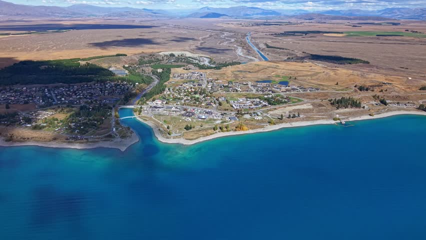 Aerial view of Tekapo Lake, New Zealand; serene landscape, alpine beauty