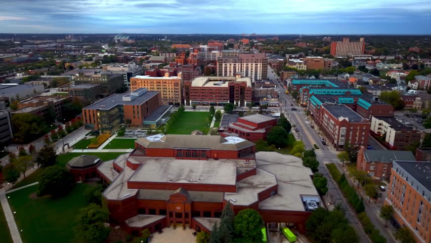 aerial pulling out from marquette university in milwaukee wisconsin
