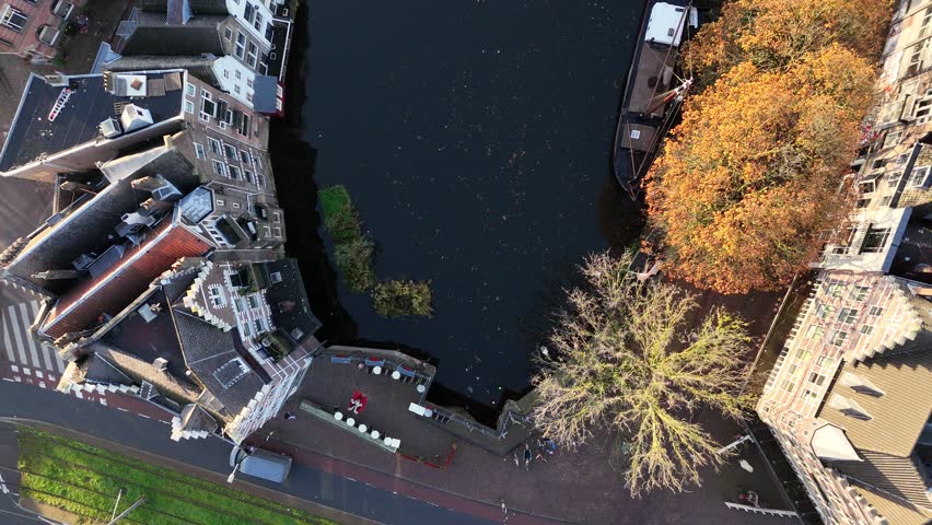 Drone footage of Rotterdam, Netherlands, showing the unique perspective of canal-side buildings, vibrant fall trees, and the reflective water—capturing the beauty of the city’s architecture + canals.