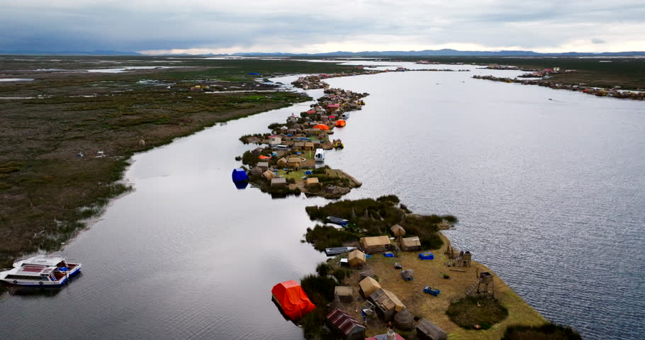 Aerial view of man-made floating islands on Lake Titicaca in Peru near Puno