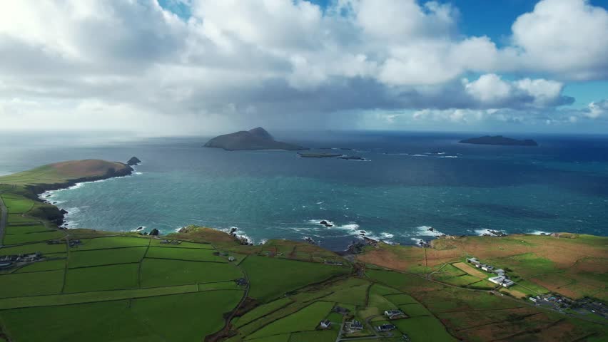 Ireland Epic Locations drone rising amazing view of the Blasket islands on Slea Head Drive Dingle Kerry must do on Wild Atlantic Way