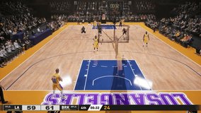Overhead top camera records fast passes as yellow side challenges defense. Basketball Fake Video Game Mock Up highlights entertainment fake game vibe with planned strategy in action. - Powered by Shutterstock - Get 15% off with code: PIKWIZARD15