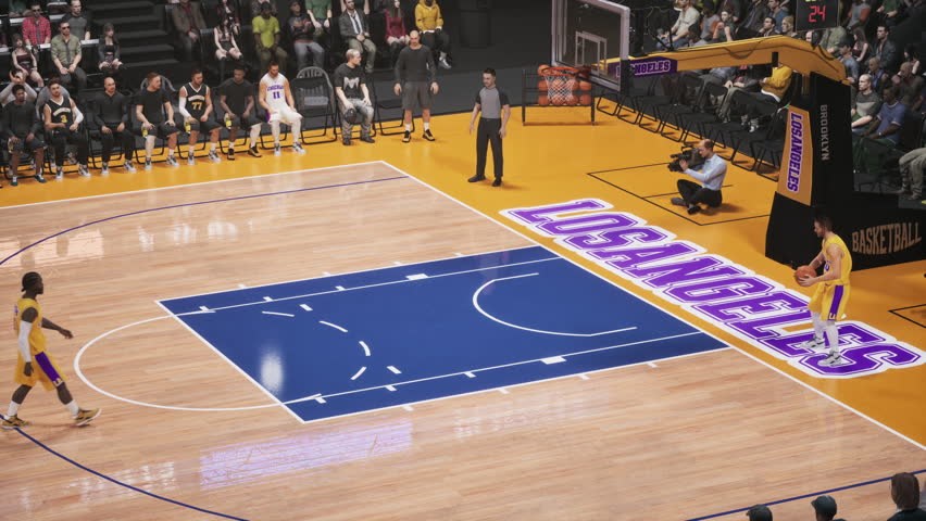 Close-up back camera details black team defensive effort. Basketball Fake Video Game Mock Up emphasizes close view sports simulation with dramatic court perspective.