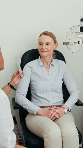 Clinic, optometrist and talking to old woman, eye test and discussion for visual exam and healthcare. Check, eyesight and elderly patient with oculist for medical checkup, people and consultation