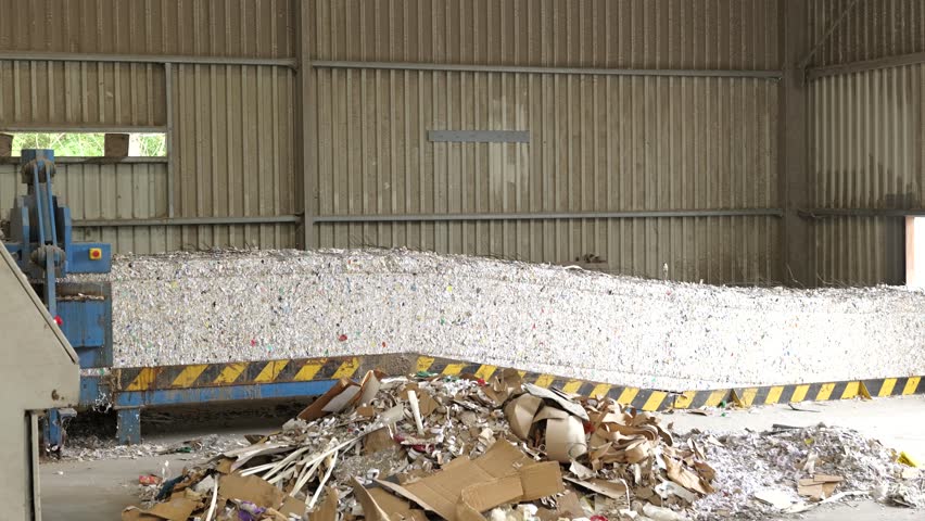 Bales of shredded paper exiting baler, moving on conveyor in recycling center 4k