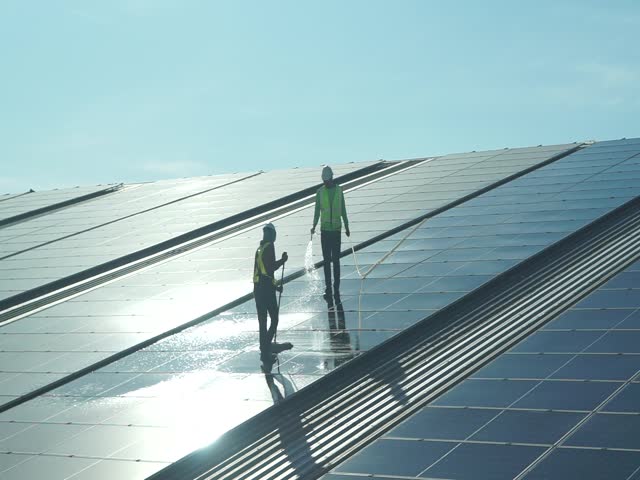 A group of solar cell electricians are cleaning and washing the surface of solar cell panels on the factory roof.