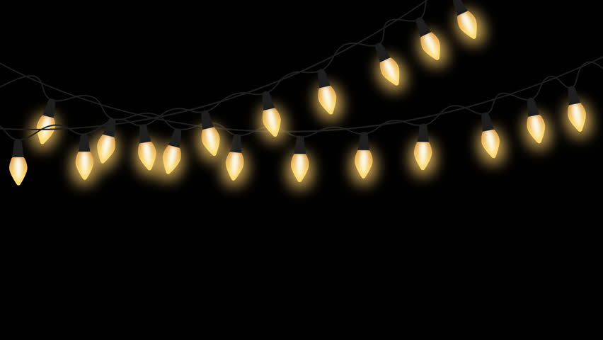 Glowing festive Christmas string lights isolated on black background for holiday animation, motion video, and celebration design