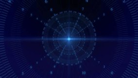 Radial HUD disc growing from blue flare, pulsing waveform, rotating scale, scanning cyan numerals. Circle, neon, interface, dashboard, gradient, grid, pulse - Powered by Shutterstock - Get 15% off with code: PIKWIZARD15