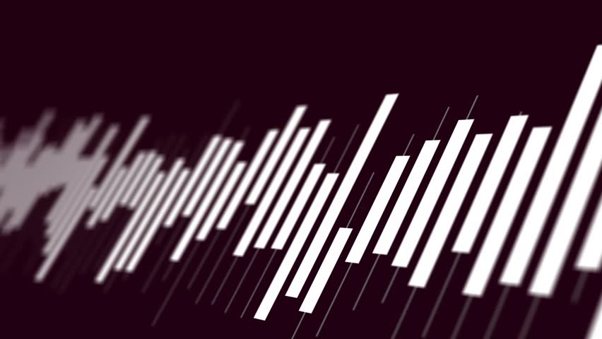 Audio pulse initiating diagonal white bars moving across maroon canvas, pulsing and showing sound. Slanted, rectangles, glow, bokeh, particles, rhythm, depth