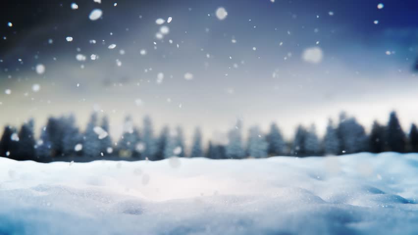 Winter snowy landscape with trees covered in snow. Snowflakes falling in endless seamless loop.