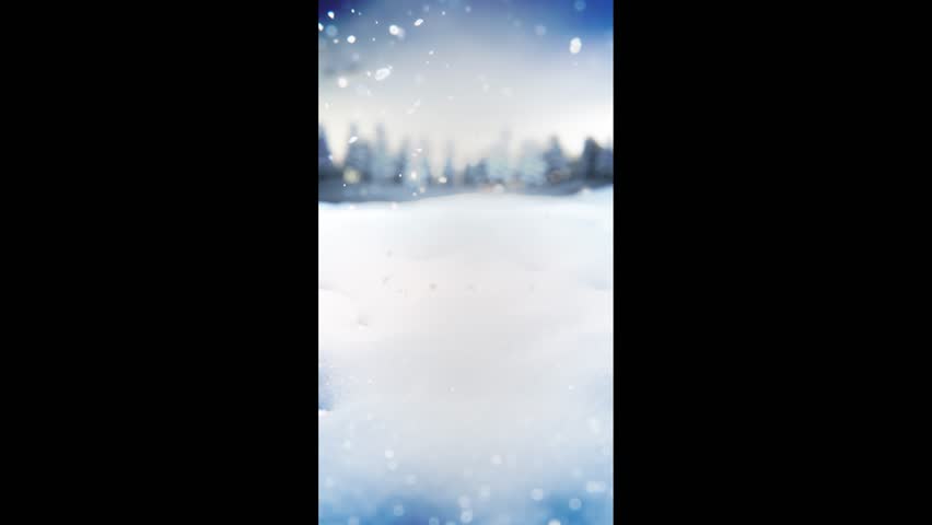 Vertical video of winter snowy landscape with trees covered in snow. Snowflakes falling in endless seamless loop.
