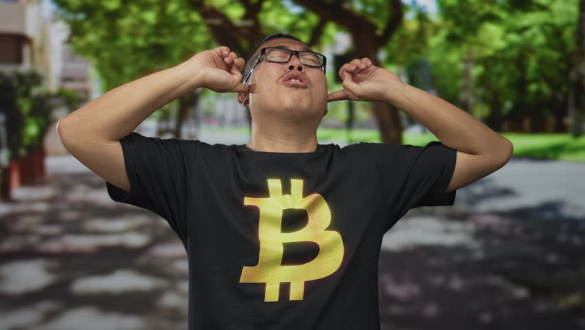 Young man plugging fingers into ears, squinting with closed eyes while wearing a black bitcoin t shirt on a tree lined street; crypto frustration.
