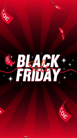 4K Black Friday Sale intro animation. Flying red coupons 