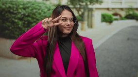 Woman in a bright pink blazer gestures with confidence on an urban street backdrop, showcasing modern fashion and youthful enthusiasm in an outdoor setting. - Powered by Shutterstock - Get 15% off with code: PIKWIZARD15