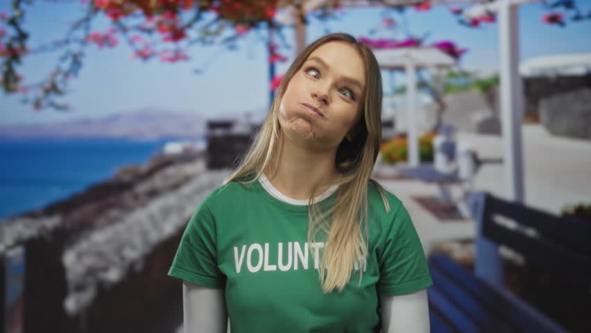 Blonde young woman volunteer makes faces on a seaside promenade with vivid outdoor scenery and a playful atmosphere.