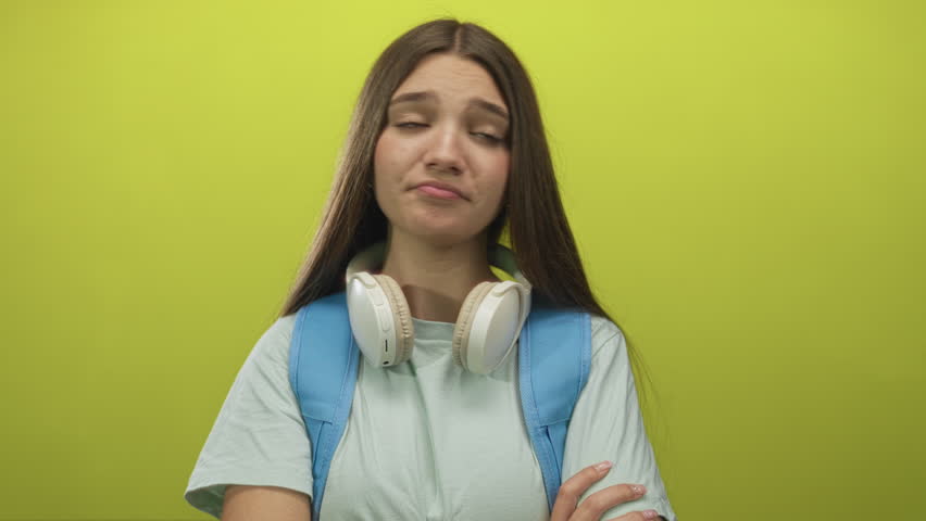 Girl with white headphones and blue backpack crosses arms in studio; confidence individuality boldness positivity.