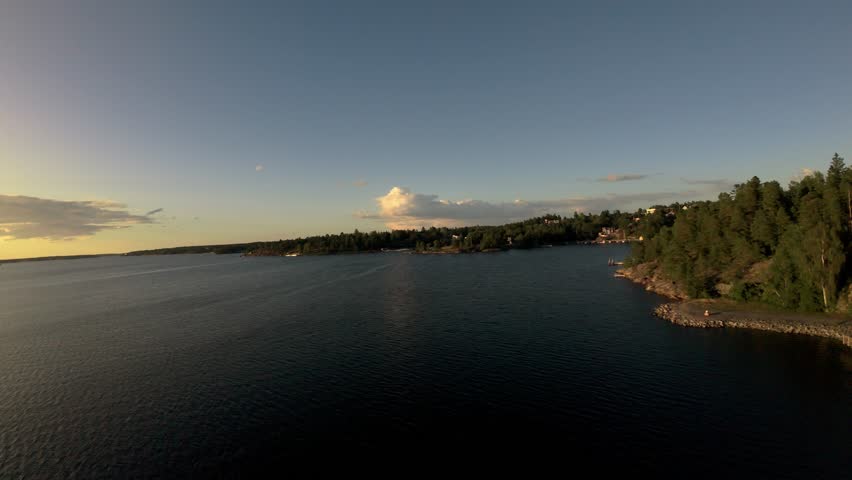 Cinematic FPV shots of archipelago in the sunset in sweden