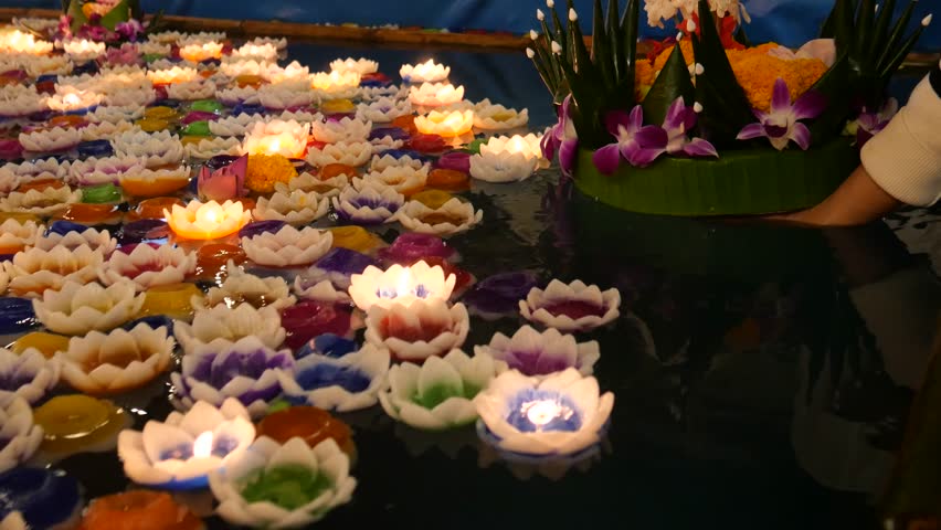 Floating candles during festival of lights in Southeast Asia