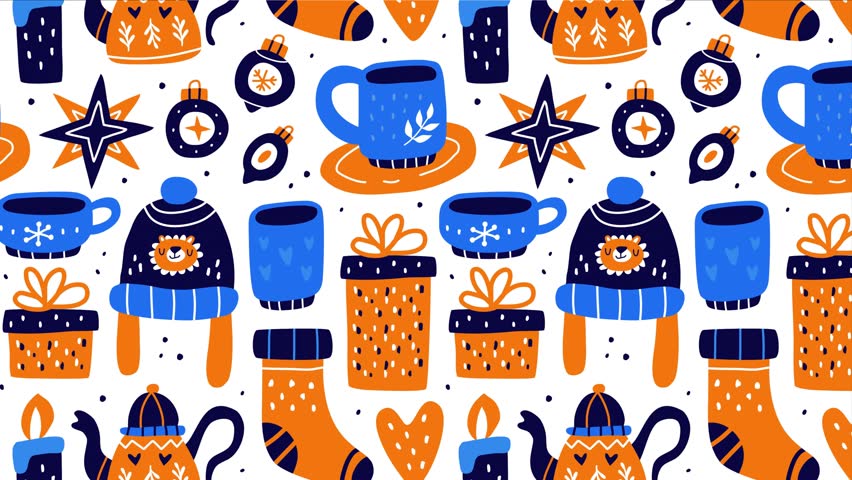Seamless festive pattern with mugs, gifts, sweaters, socks, teapots, candles, ornaments, stars and hearts. Cozy winter design perfect for wrapping paper, textiles, and seasonal backgrounds.