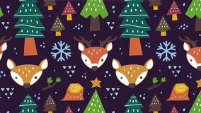 Whimsical seamless pattern with deer faces, trees, snowflakes, stars, stumps, and geometric shapes. Perfect for winter textiles, holiday wrapping paper, and playful seasonal designs. - Powered by Shutterstock - Get 15% off with code: PIKWIZARD15