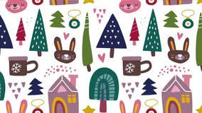 Whimsical seamless pattern with rabbit faces, house, mugs, trees, stars, hearts, and geometric shapes. Perfect for holiday wrapping paper, textiles, and cheerful seasonal designs for kids. - Powered by Shutterstock - Get 15% off with code: PIKWIZARD15