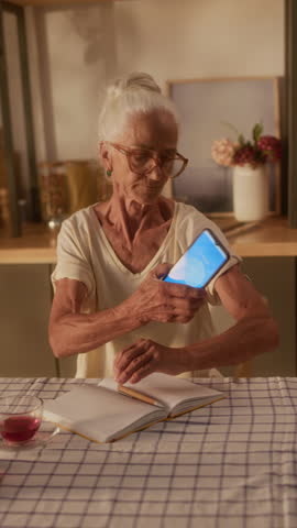 Medium vertical shot of old Caucasian woman, wearing diabetes sensor patch on upper arm, checking glucose level with smartphone application and tracking data in journal